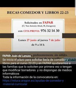 INFORMACIÓN SOBRE EL SERVICIO DE AYUDA DE FAPAR PARA SOLICITAR LAS BECAS DE COMEDOR Y LIBROS CURSO 2022/2023